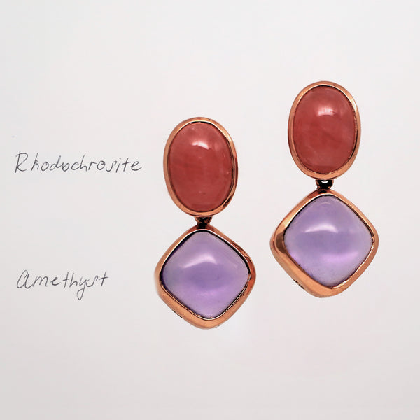 Rhodochrosite & Amethyst Gemstone Stud Earrings - Amilla Jewelry